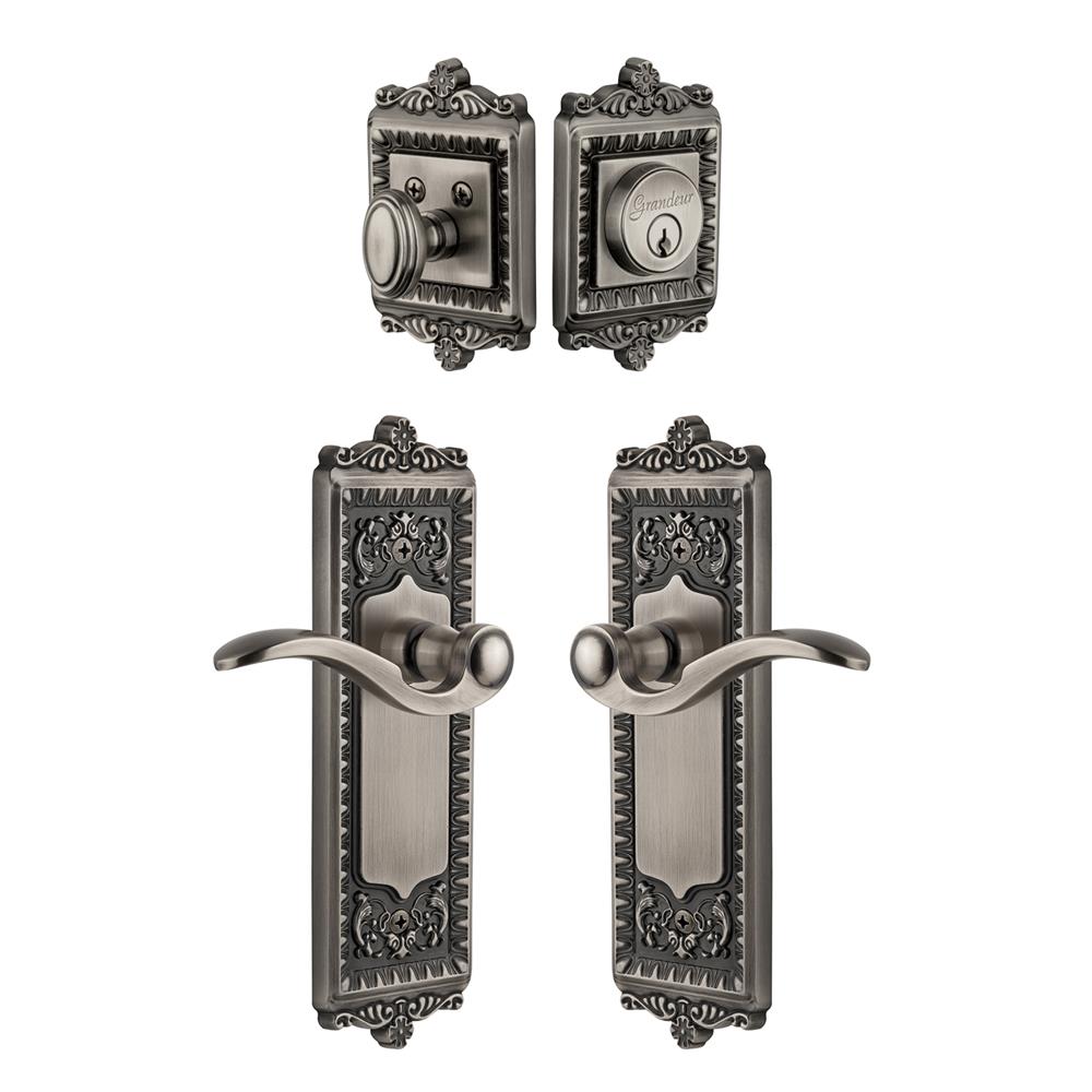 Grandeur by Nostalgic Warehouse Single Cylinder Combo Pack Keyed Differently - Windsor Plate with Bellagio Lever and Matching Deadbolt in Antique Pewter